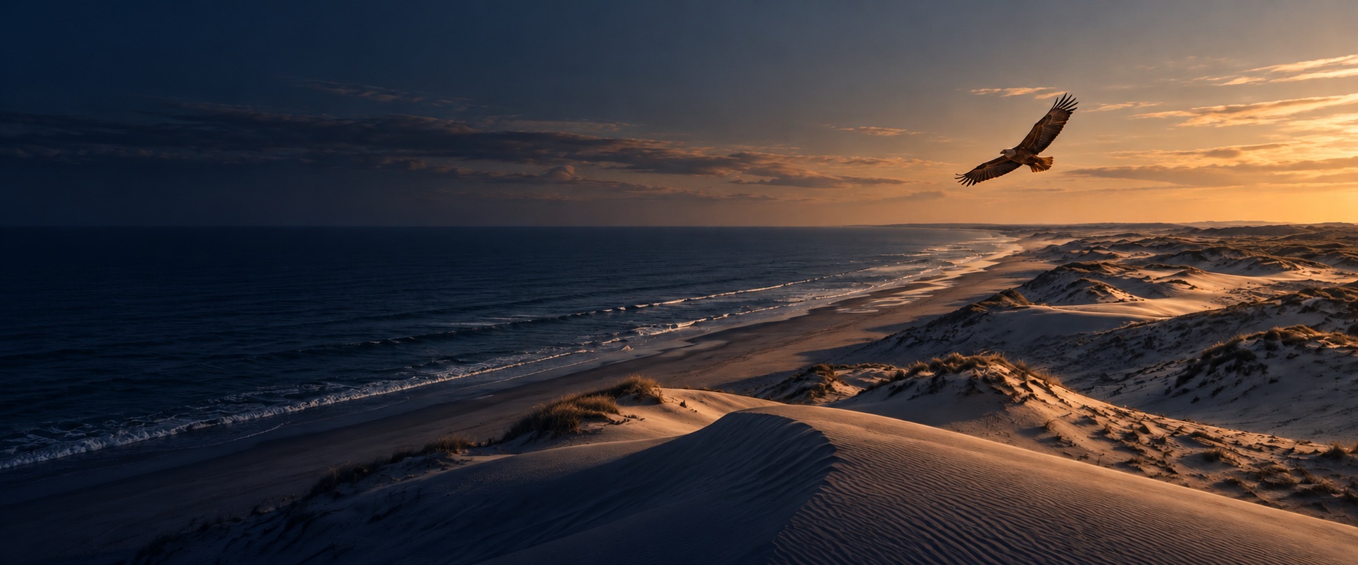 Águia sobrevoando dunas e mar ao pôr do sol